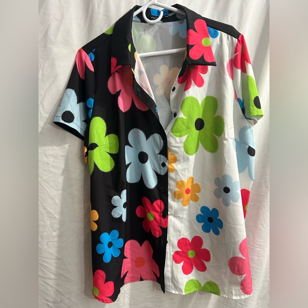 SHEIN Curve Color Block Floral Print Short Sleeve Button Down Shirt Blouse Top - Picture 3 of 5